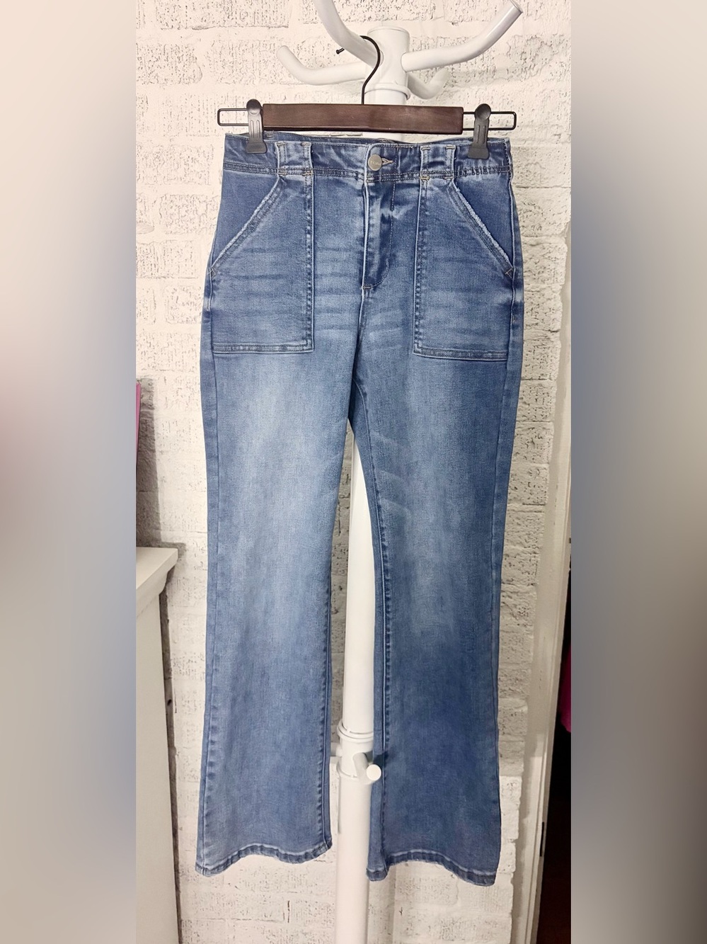 Risen High-Rise Ankle Flare Patch-Pocket Jeans — Medium Blue Sz 1/25 - Picture 6 of 9